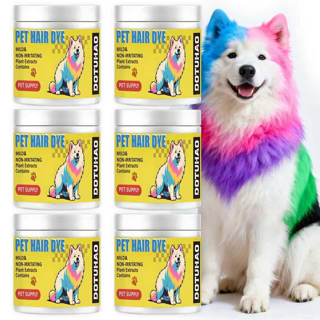DOTUHAO Dog Hair Dye, 6 Color Pet Hair Dye, Pet Safe Dye, Dog Hair Coloring Agent, Fashionable DIY Pet Grooming Easy to Use Pet Hairs Dye Permanent for Pets Grooming (6 colors, 3.5 fl oz / 100 ml)