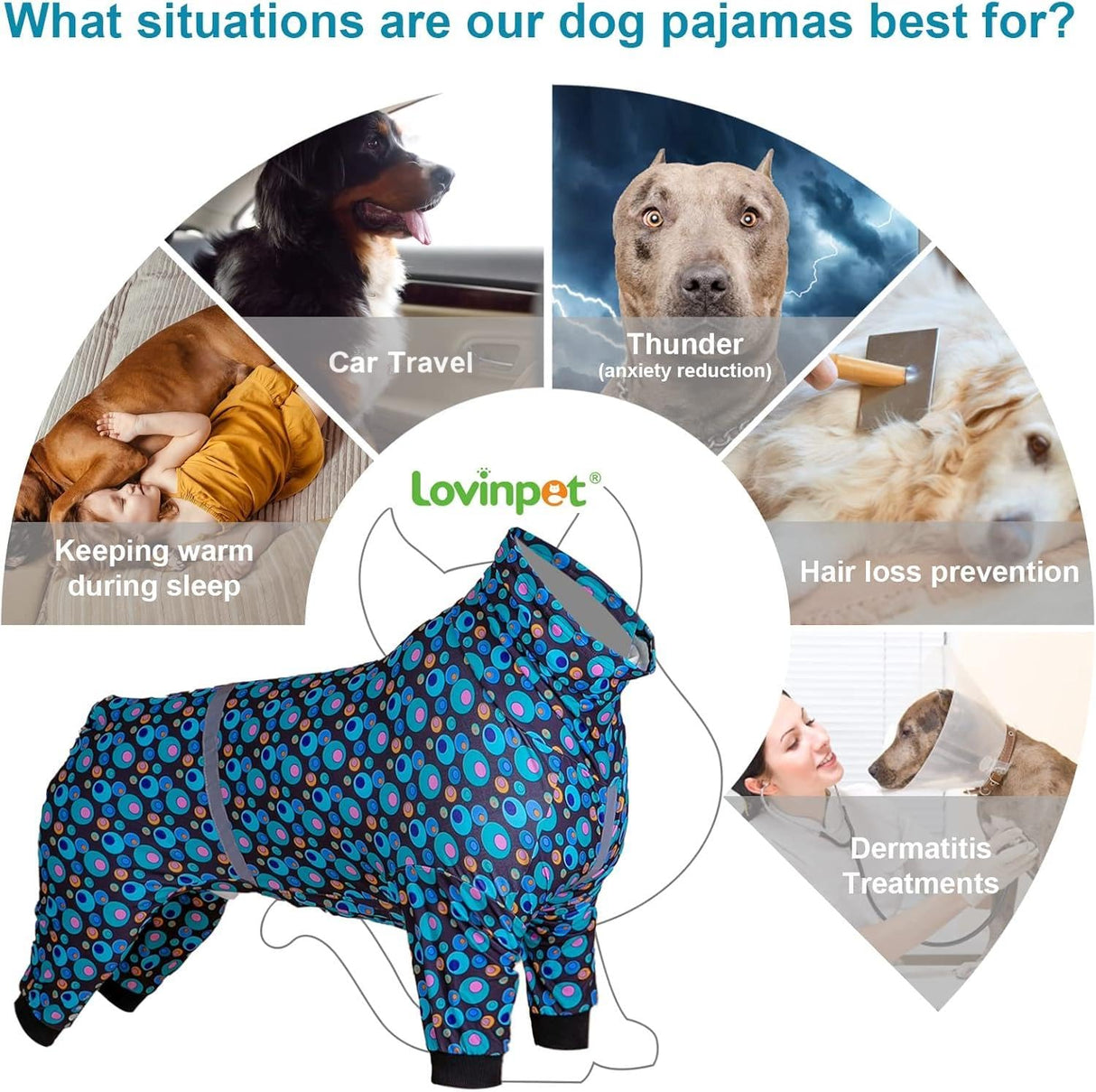 LovinPet PJS Dog Jumpsuit, Wound Care/Surgical Recovery Dog Pajamas, Anxiety Relief Shirt, Pitbull Clothes, Pajamas for Pitbulls, Reflective Stripe Green Bubble Print, Green, M