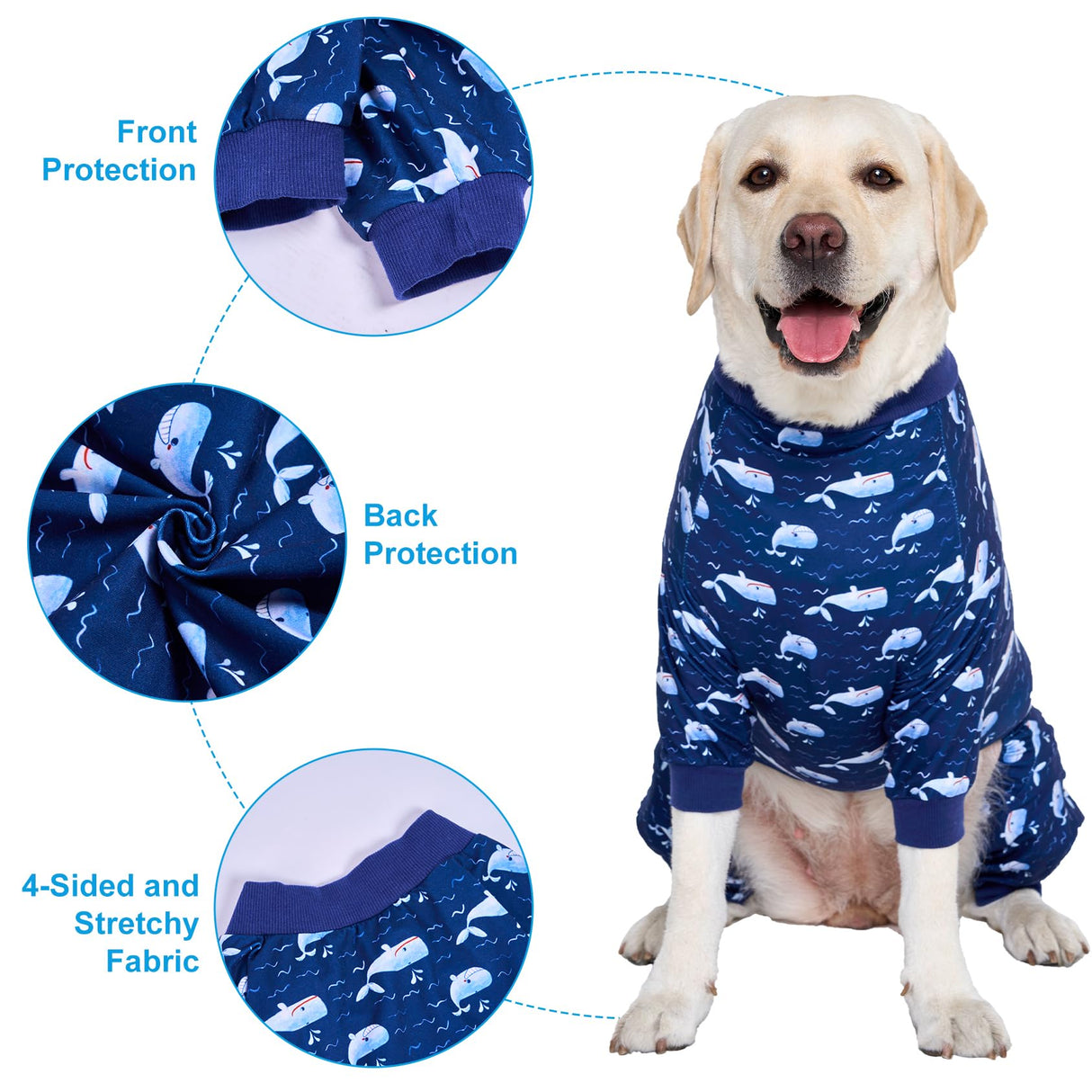 LovinPet Large Dog Outfit, Dog Onesie for Surgery, Large Breed Dog Pajamas, Lightweight Navy Whale Print, Pet Pajamas for Dogs, UV Protection Shirt for Dogs, Pitbull Clothes,Blue,3XL