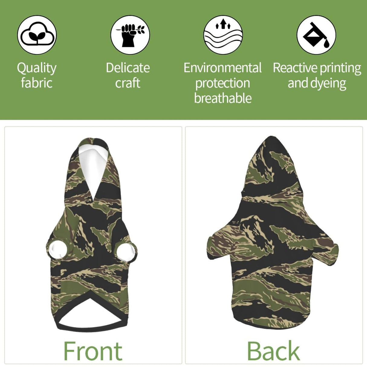 Dog Hoodie Sweatshirt for Fall and Winter, Cozy Pet Clothes for Outdoor Activities, Army Military Camouflage Vietnam Tiger Stripe Camo Pets wear Hoodies