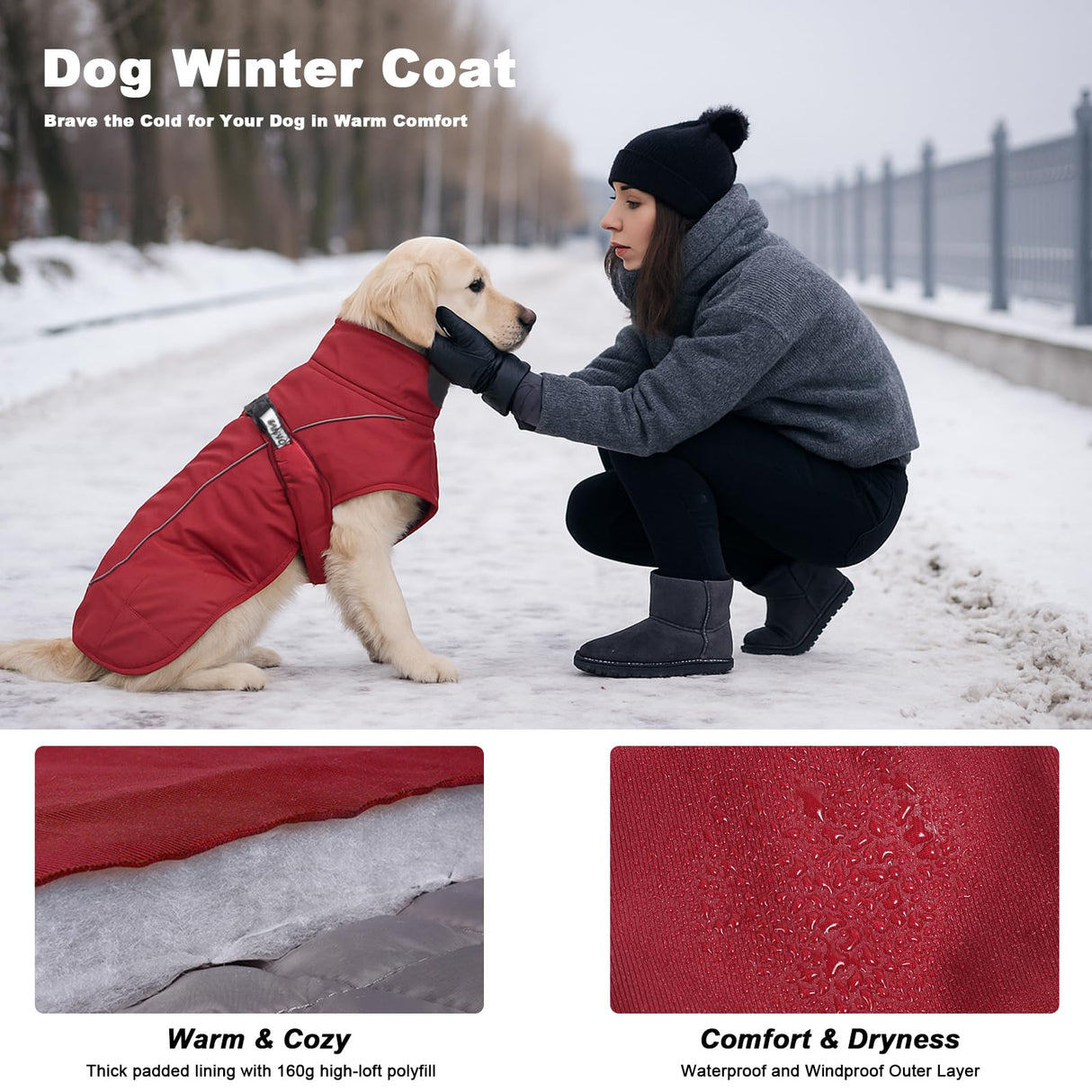DoggieKit Dog Winter Coat, Waterproof Warm Jacket with Harness Built in, Reflective Cold Weather Doggie Vest, Windproof Turtleneck Pet Snowsuit, Adjustable Puffer Jacket for Large Dogs, Red 6XL