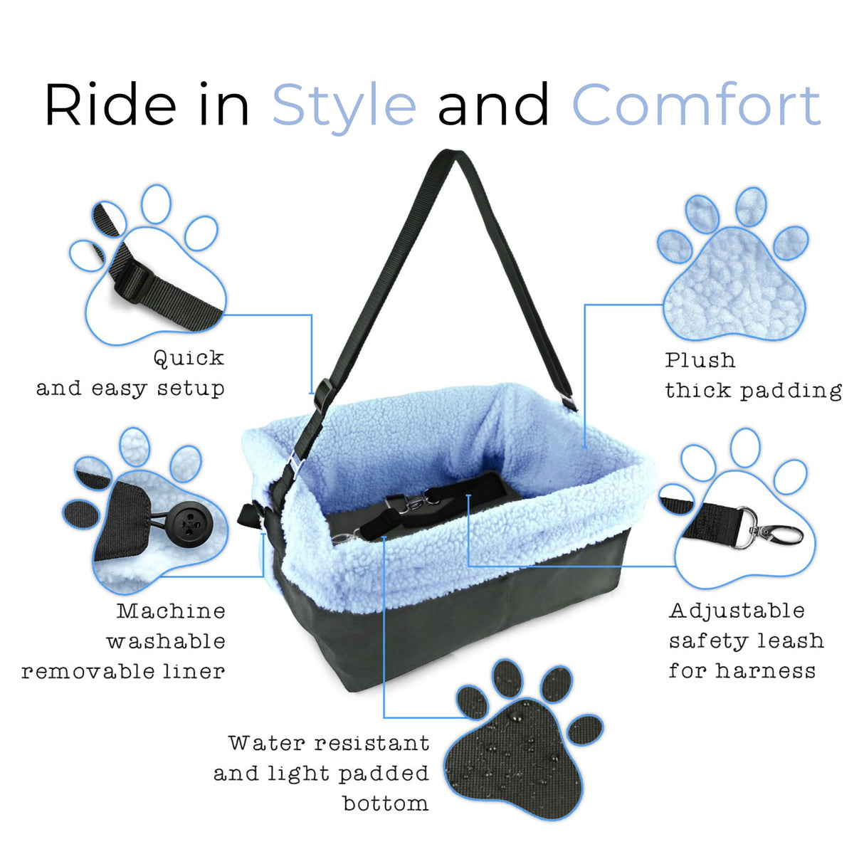 Blue Dog Booster Seat - Washable, Adjustable, Collapsible Pet Travel Carrier Bed - Safety Seat Belt Tether for Small Dogs, Puppies, and Pets up to 18 lbs