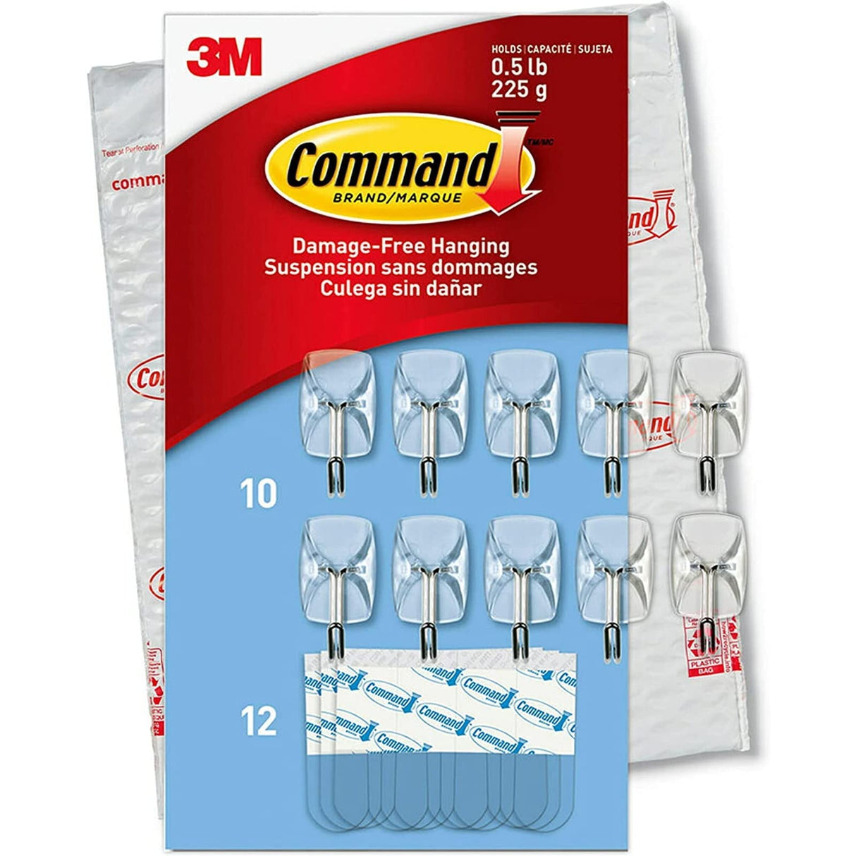 Command Small Clear Wire Toggle Hooks, 10 Hooks and 12 Command Strips, Damage Free Hanging Wall Hooks with Adhesive Strips, Adhesvie Hooks for Hanging, Organization and Storage, Holds up to 0.5 lb