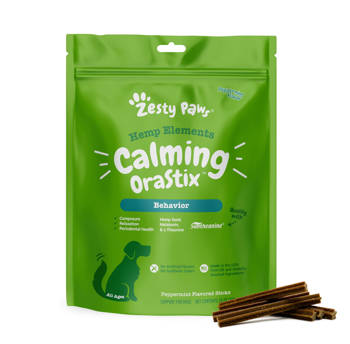 Zesty Paws OraStix for Dogs - Calming Dental Sticks for Stress with Hemp Melatonin Chamomile Dog Healthy Teeth and Gums Calm Composure for Fireworks and Thunderstorms - 25oz