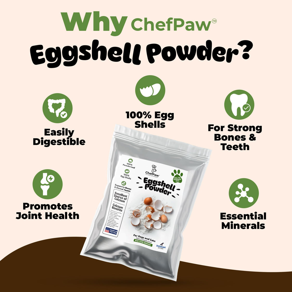 8oz ChefPaw Eggshell Powder for Dogs – Natural Calcium Supplement for Bone Health - Free Chefpaw Nutrition App Access – 100% Powderized - Safe for Homemade and Raw Dog Food Diets