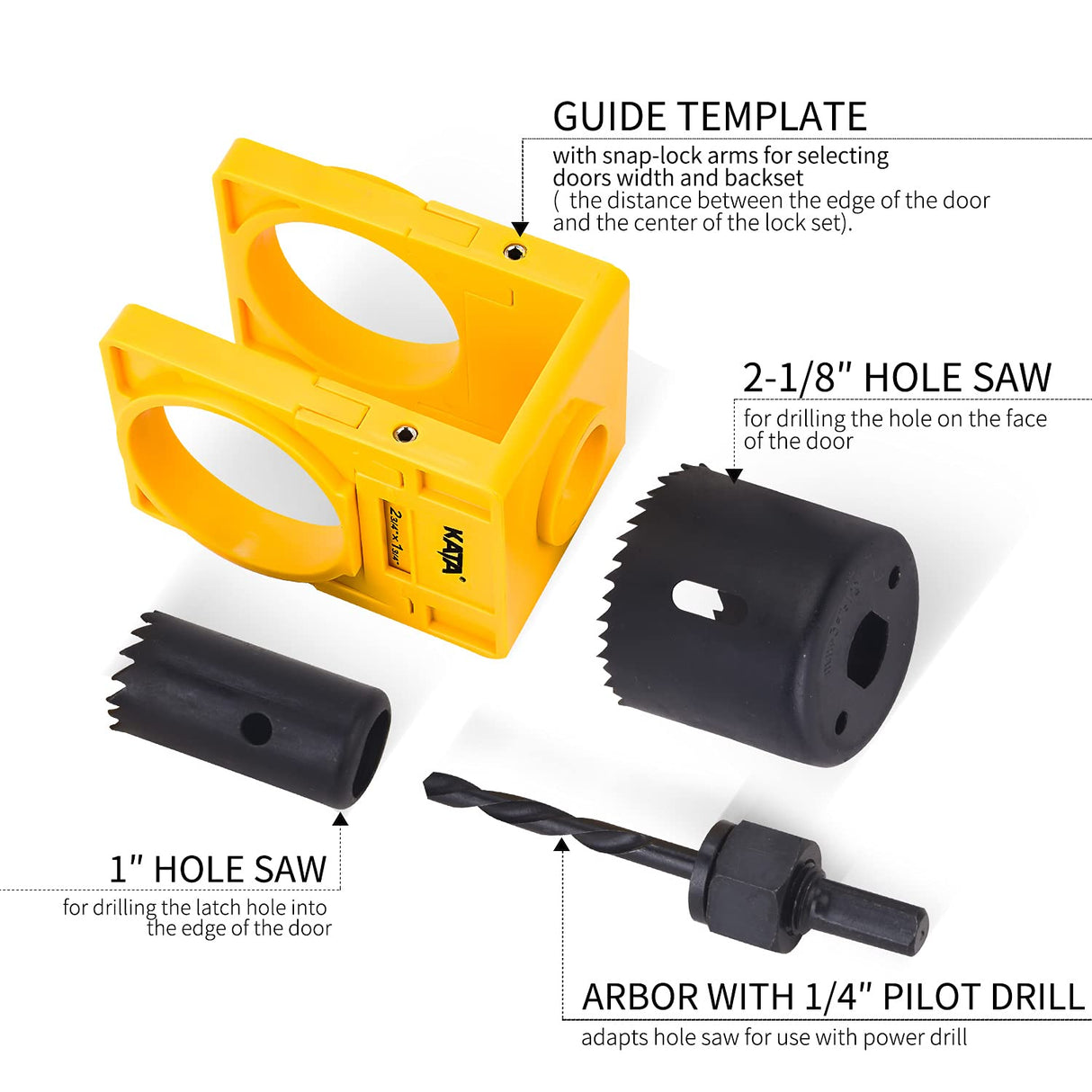 KATA 1-3/8" - 1-3/4" Door Lock Installation Kit for Wooden Doors with Guide Template, Door Lock Hole Saw, Carbon Steel