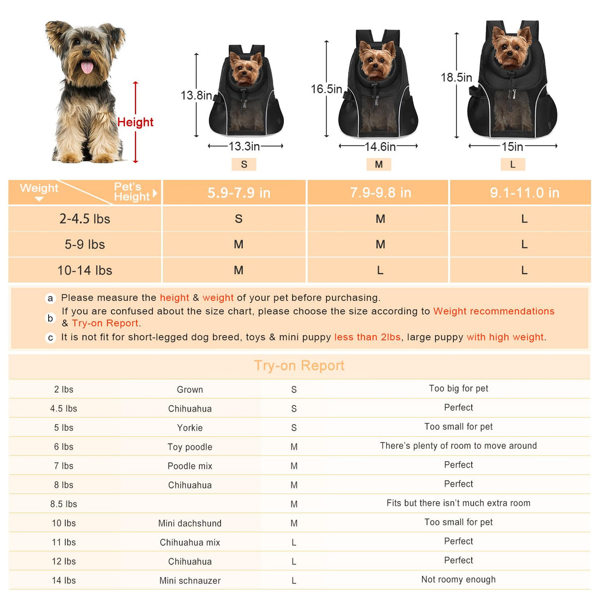 WOYYHO Pet Dog Carrier Backpack Small Dog Front Backpack Ventilated Mesh Dog Travel Back Pack with Safety Belt for Travel Hiking Cycling Outdoor Use (S (2-4.5 lbs), Black)