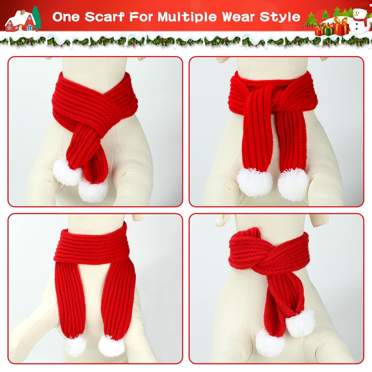 BWOGUE 2-Piece Knitted Dog Christmas Scarf & Bandana with White Pom Pom for Medium/Large Dogs - Winter Warm Holiday Pet Costume Accessory (Red, Green)
