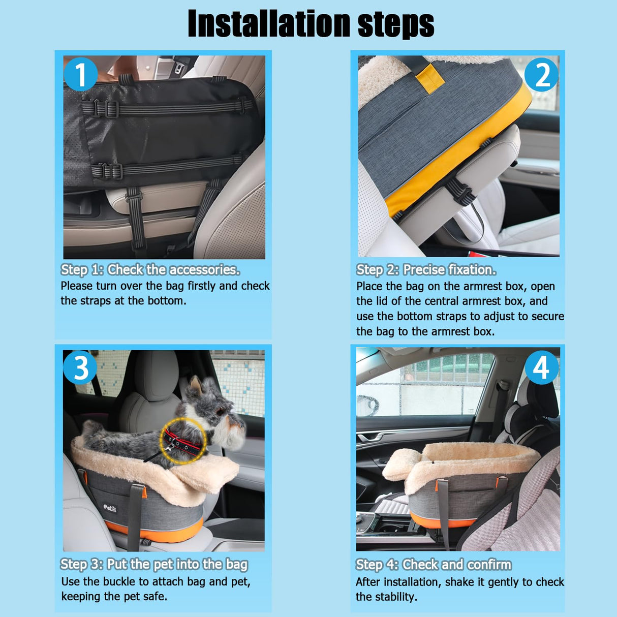 Pet Car Center Console Elevated Armrest Car Seat for Small Puppy, Dogs & Cats (Up to 10 lbs) – Dark Gray Washable Plush Carrier with Safety Leash, Fits Front Vehicle Console Space