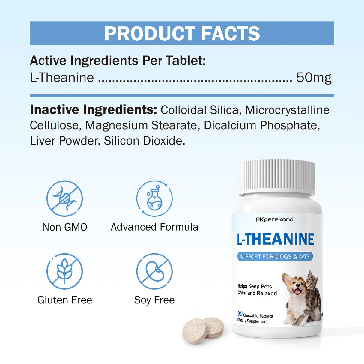 L-Theanine Supplement for Dogs and Cats, 50mg, 90 Chewable Tablets, Helps Keep Pets Calm & Relaxed