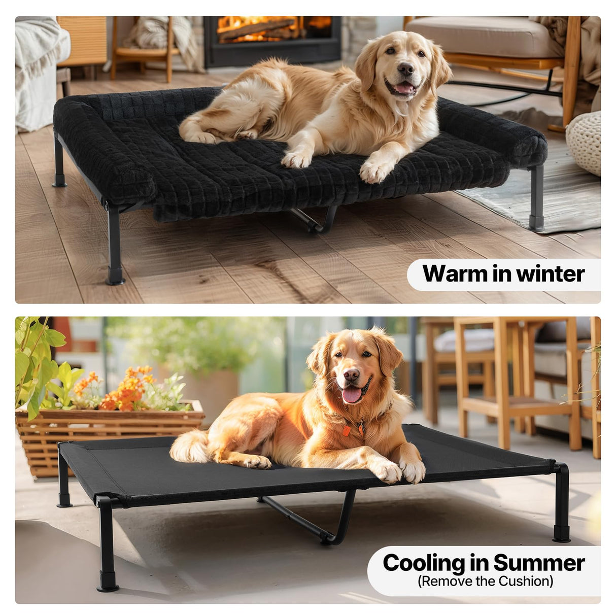 Veehoo Elevated Dog Bed Large Sized with Fluffy Plush Bolster Cushion, Washable Orthopedic Dog Couch Bed, Cooling Raised Pet Cot with Removable Mat, Breathable Mesh, No-Slip Feet, 48x 37 inches, Black