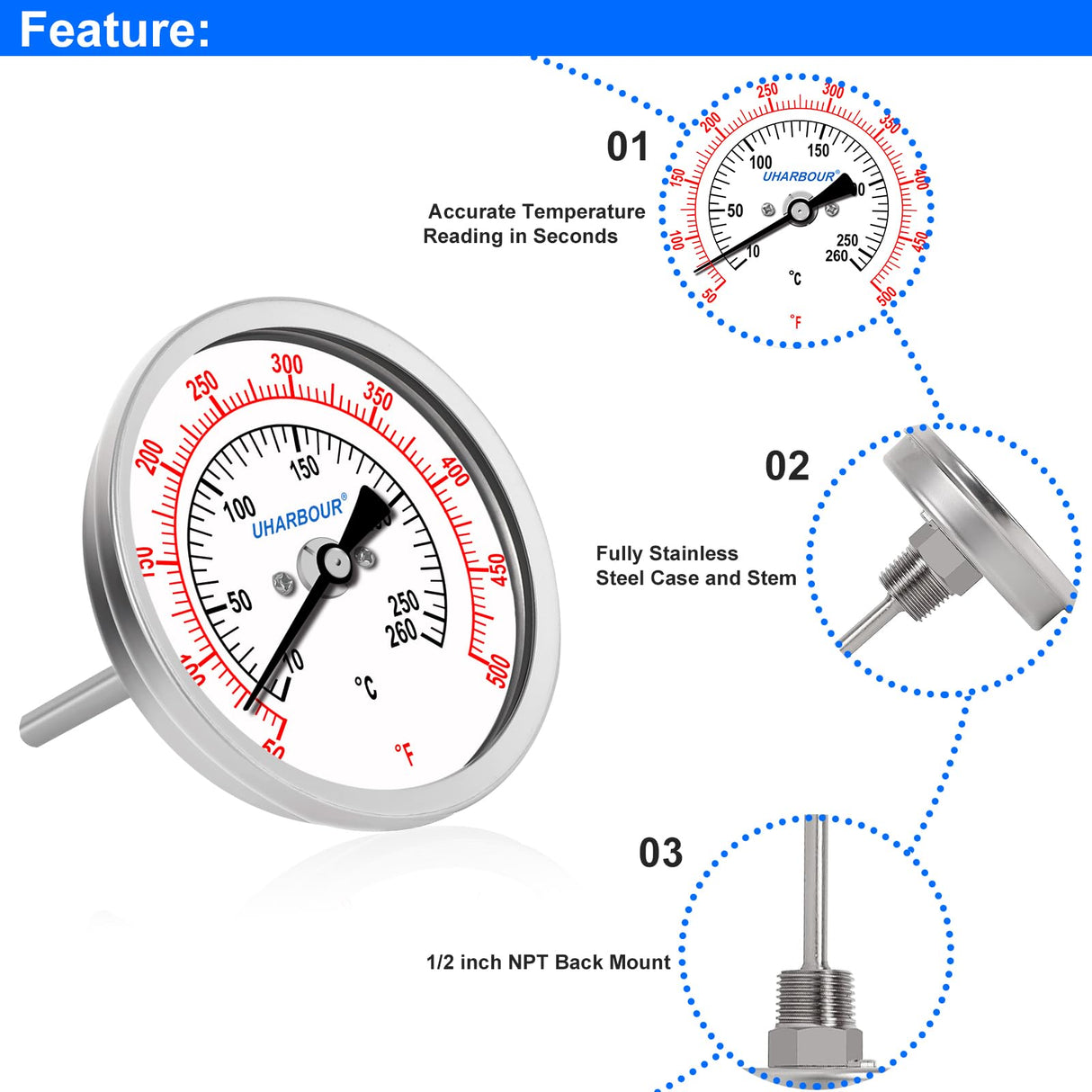UHARBOUR 3" Dial Oil Thermometer for Frying, Fully StainlessSteel Deep Fry Thermometer, 2-1/2" Stainless Steel Stem, 50 to 500°F, 1/2" NPT Back Mount