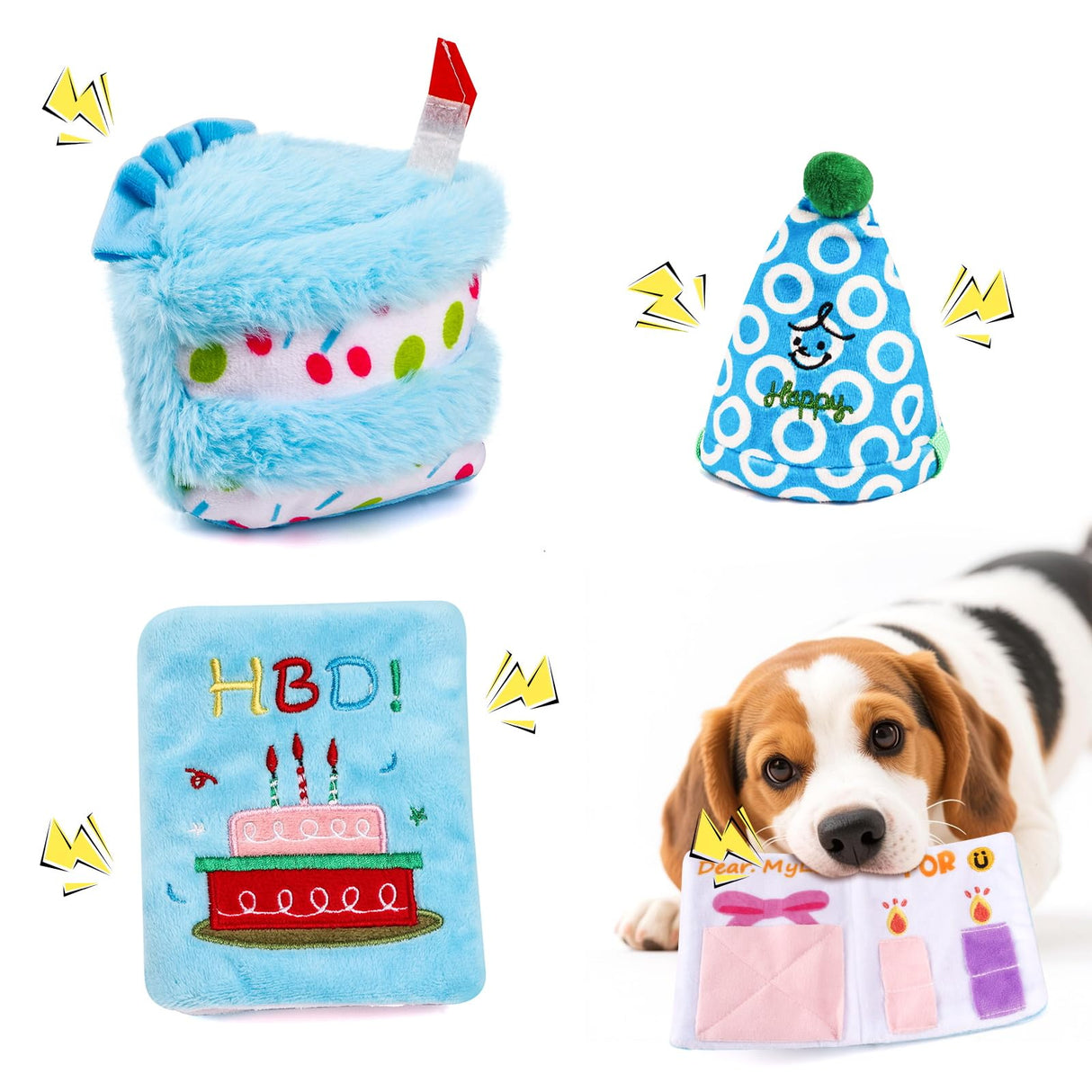 ADABOO 3PCS Dog Birthday Toy Set Plush Dog Squeaky Toys with Birthday Cake & Hat, Snuffle Hide & Seek Greeting Card for Celebration (Blue)