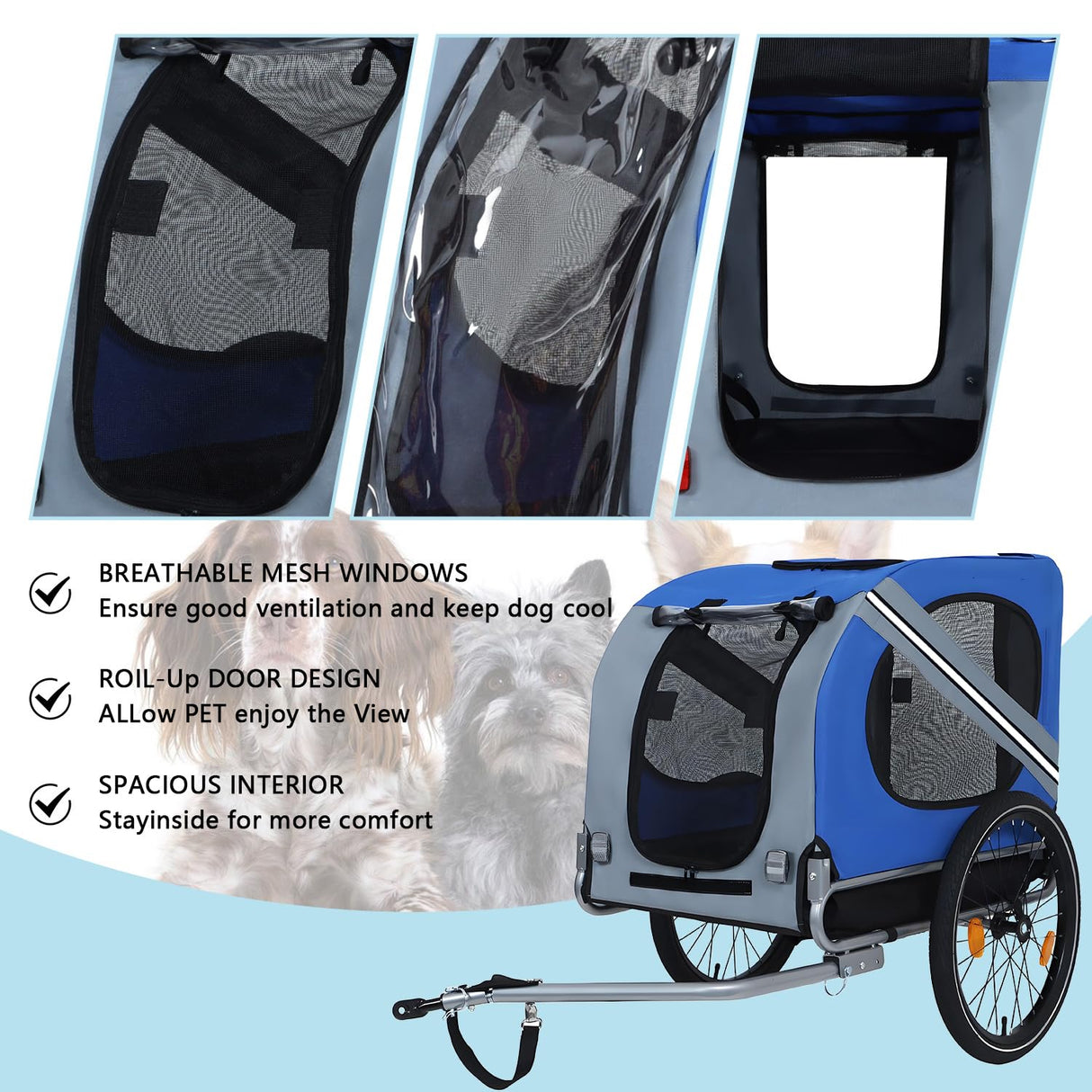 Large Dog Trailer for Bike, Folding Bike Trailer for Dogs with 18.9" Wheels, 120LB Capacity All-Terrain Pet Carrier, Universal Bicycle Coupler (Blue+Grey)