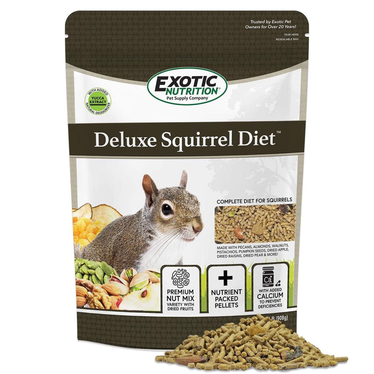 Exotic Nutrition Deluxe Squirrel Diet (2 lb.) - Staple Diet with High Protein Pellets for Captive Squirrels - Grey, Ground, Flying, and Chipmunks