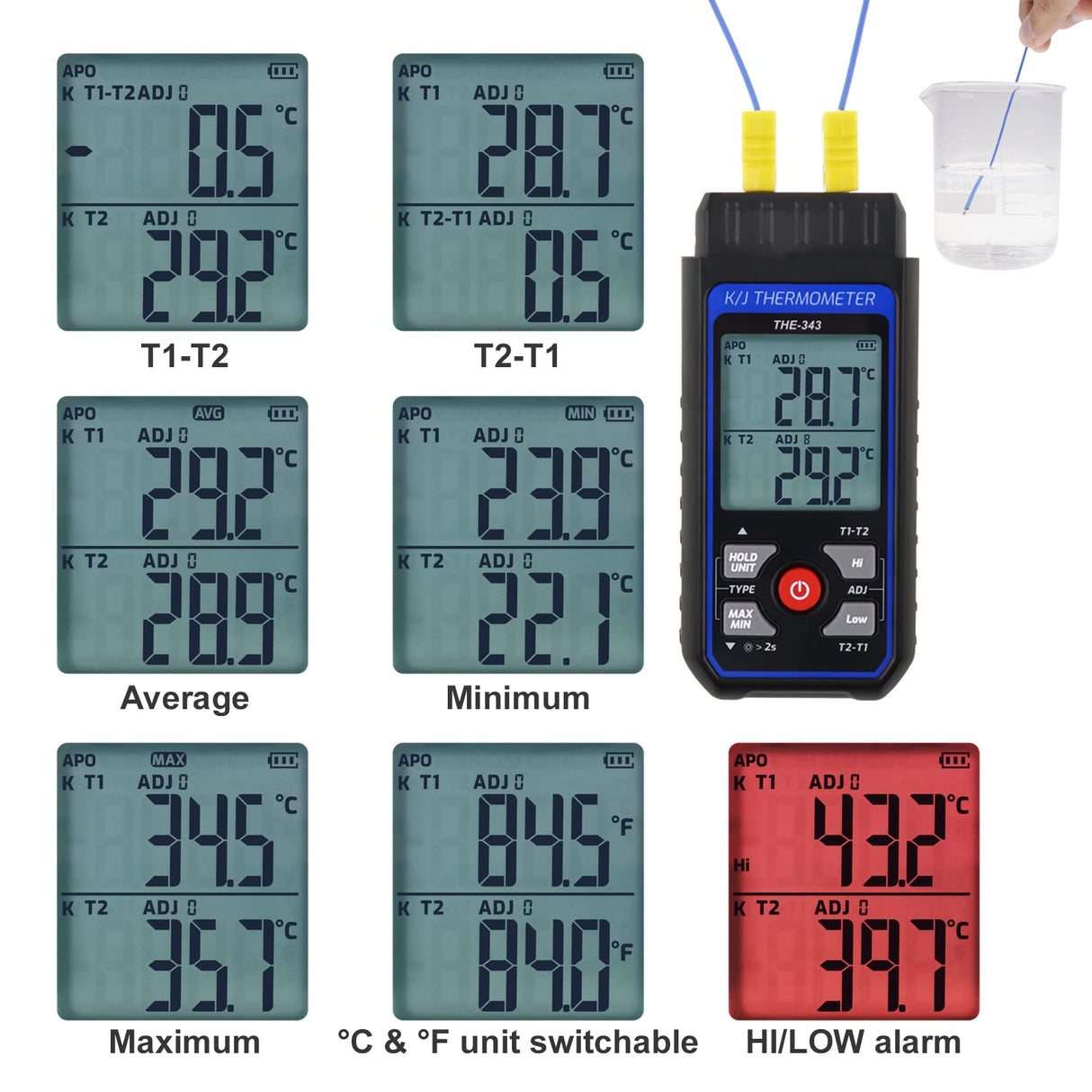 Thermocouple Thermometer Digital K Type Thermometer with 4 Thermocouples, -328~2500℉ Measuring Range HVAC Thermometer Dual Channels Temperature Meter Gauge with LED Backlight & ADJ Compensation