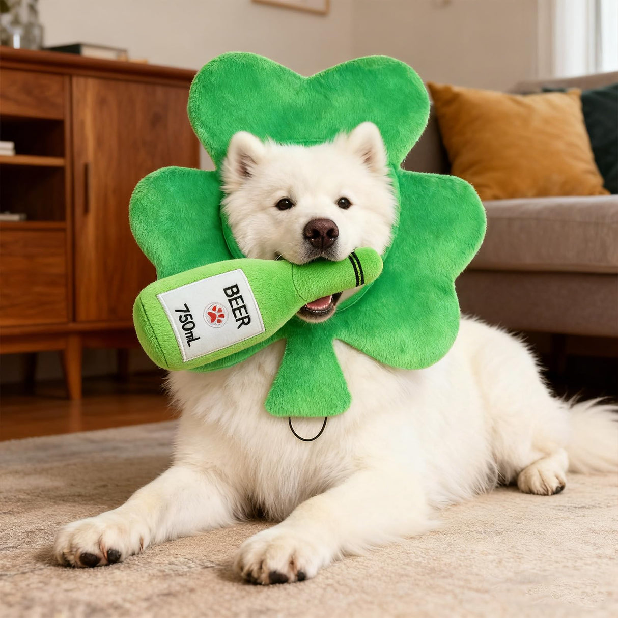 EXPAWLORER Dog St. Patrick's Day Outfit, Adorable St. Patrick's Day Costume Set Including Adjustable Green Shamrock Headband & Beer Plush Toy for Small Medium Pet Holiday Party Dress up