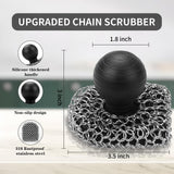 Cast Iron Scrubber with Pan Scraper, 316 Chainmail Scrubber, Upgraded Chain Mail Scrubber Sponge, Cast Iron Cleaner for Grill Pan Skillet Wok Carbon Steel, Dutch Oven Metal Brush Cleaning Kit, Black