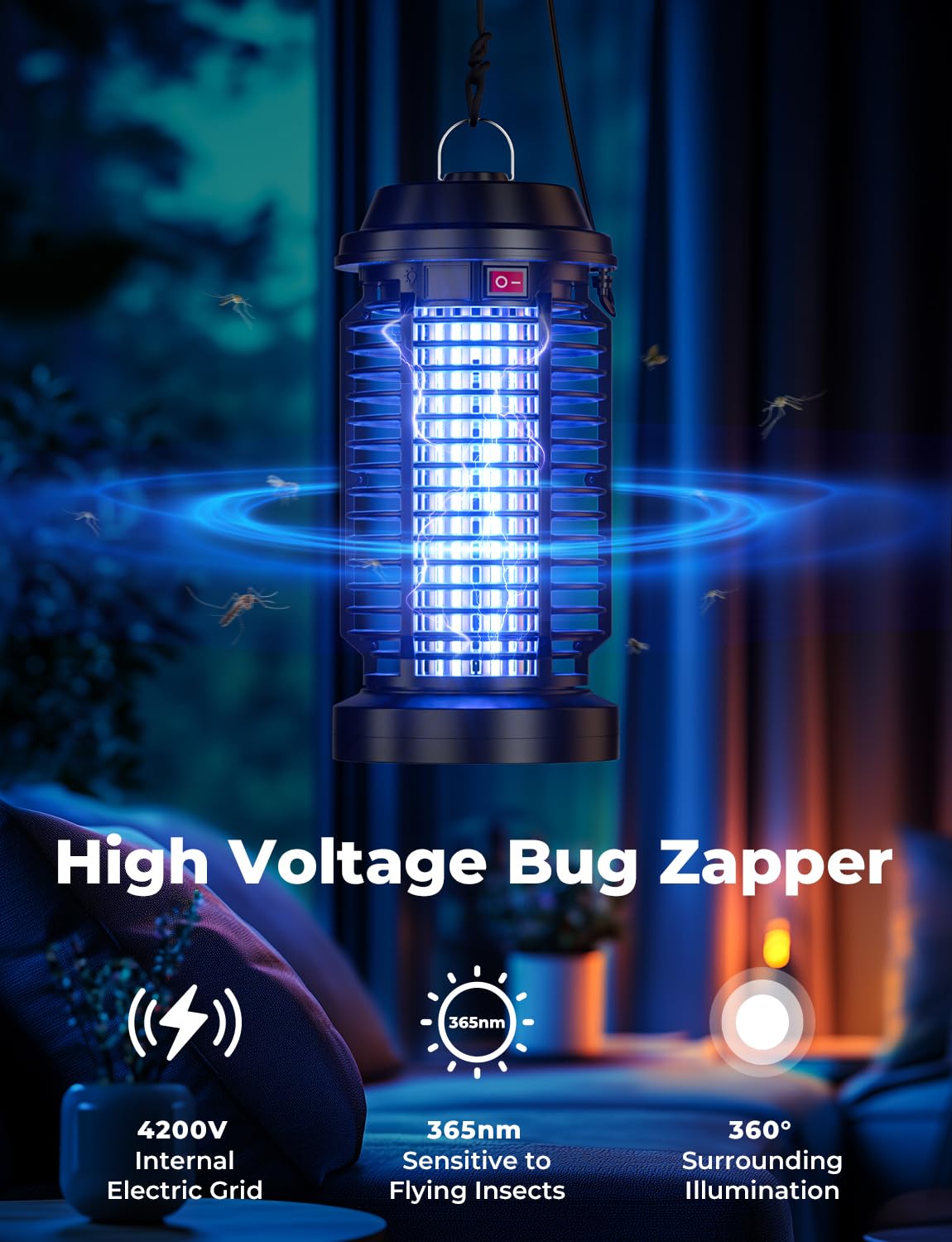 YISSVIC Bug Zapper Outdoor Indoor Waterproof Electric Mosquito Lamp Fly Zapper Killer Effective 4200V Plug in for Home Patio Office Courtyard
