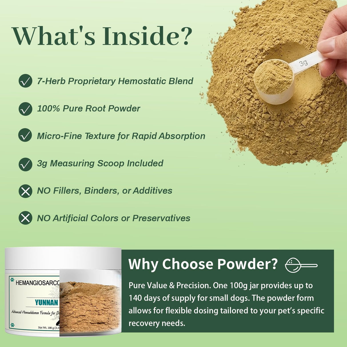 Quick Stop Bleeding for Dogs, Natural Herbal yunnan Sanqi Powder for Hemangiosarcoma, Hemoabdomen, Pericardial Effusion, Cancer Bleeding, Severe Bruising, Ulcer-Related Bleeding, Bloody Stools - 100g