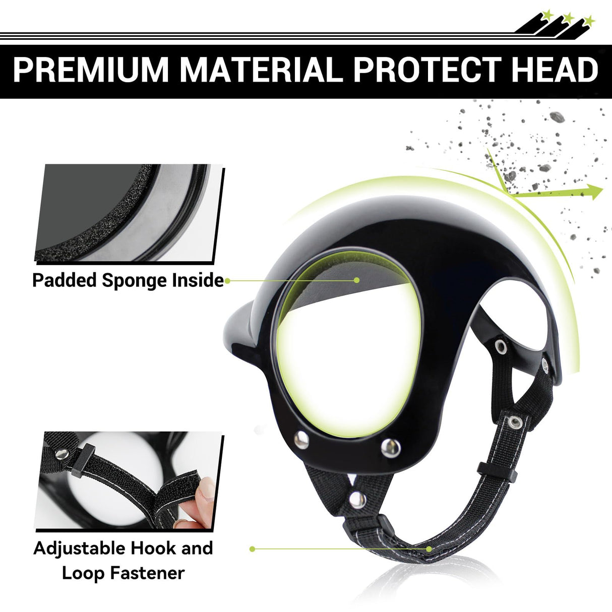 Billionchains Medium Dog Helmet with Ear Holes - Adjustable, Lightweight, Hard Black Pet Helmet for Outdoor Activities/Motorcycle/Bike