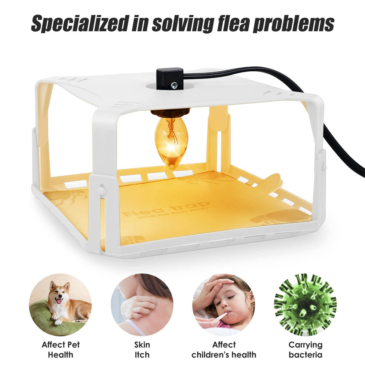 2 Pcs Flea Traps for Inside Your Home with Light, Pest Control for Insect Gnat, Electric Flea Light Trap with 4 Sticky Plate & 6 Bulb & 2 Electric Wire for Indoor House, Safety for People & Pet, White
