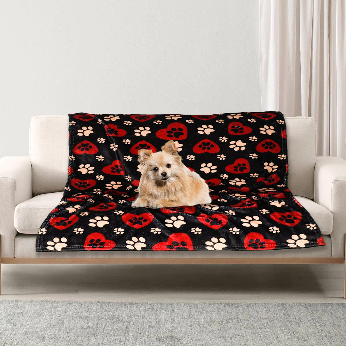 Gowyeg Dog Blankets for Large Dogs, 80"x60" Blanket Washable, Fuzzy Soft Pet Mat Throw Cover for Kennel Crate Bed, Cute Paw Pattern, Cat Blanket, Gifts Medium Small Pet Essentials, Black Red