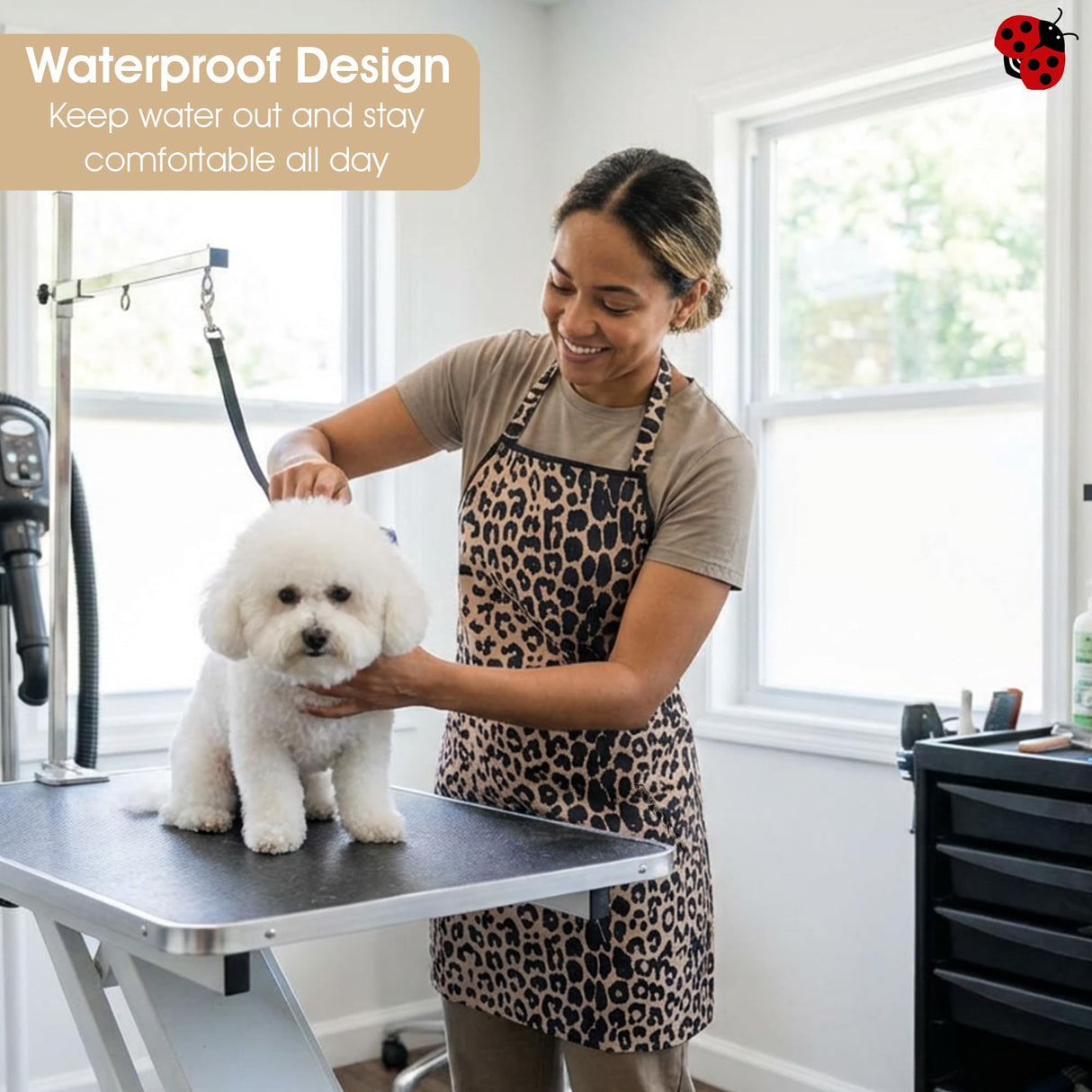 Ladybird Line 602 Unisex Leopard Print Waterproof Apron, Hair Bleach Resistant, Adjustable Neck Band, Breathable Mesh Lining