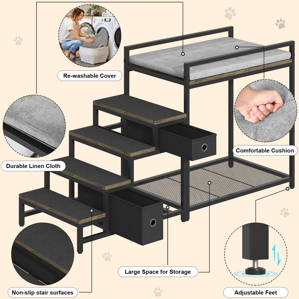Saudism Pet Bunk Bed with Removable Stairs and 2 Drawers, Dogs/Cats Window Perch, Dog Window Seat with Soft Cushion, Ultra-Shallow Steps, Sturdy Metal Frame, Non-Slip, Load Capacity 60 LBS