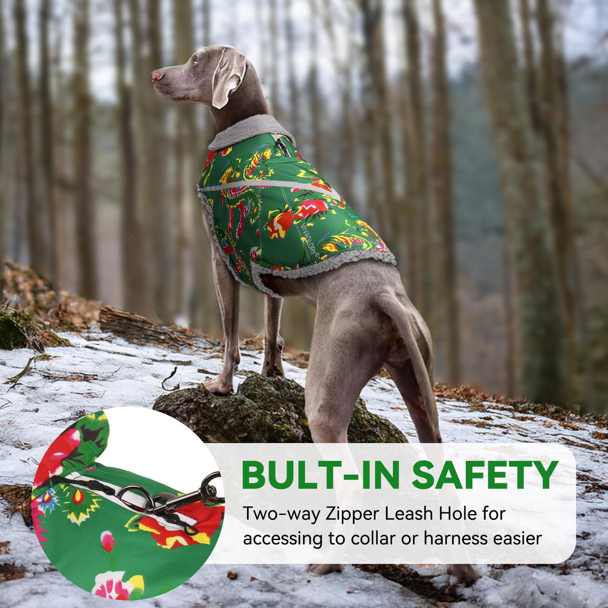 VIVAGLORY Snowrap Dog Coat, Jacket with Harness Hole, Dog Coat for Winter & Cold Weather, Fluffy Warm Fleece Lined Reflective Water Resistant for Puppy, M, Northeast Florals-Green