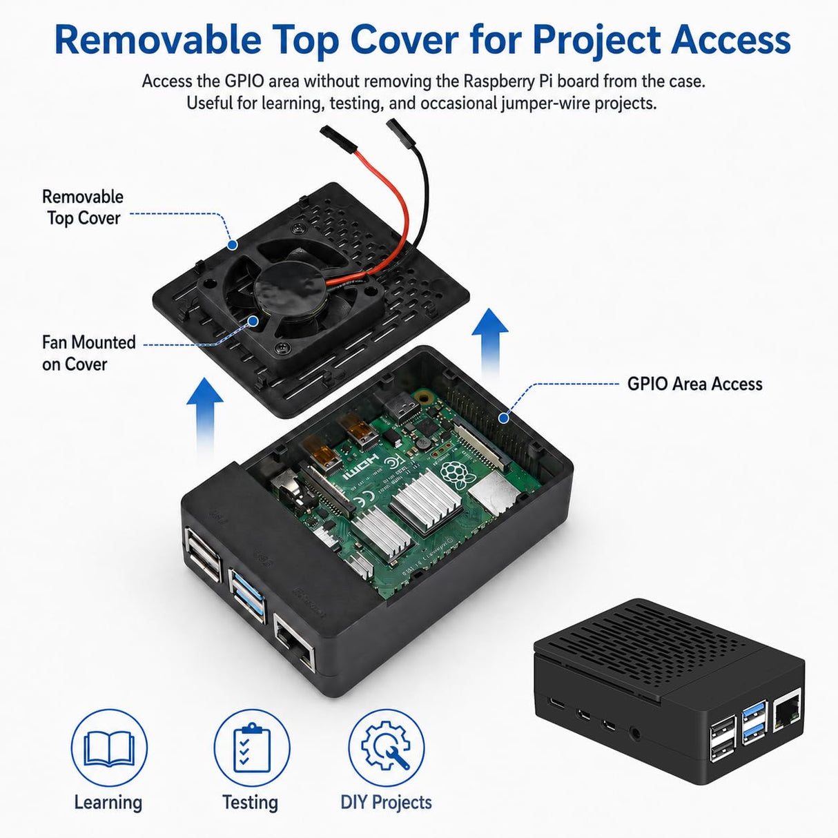 Case for Raspberry Pi 4, ABS Pi 4 Case with Cooling Fan, Pi 4 Heatsink, Simple Removable Top Cover for Pi 4 Model B/ 4B
