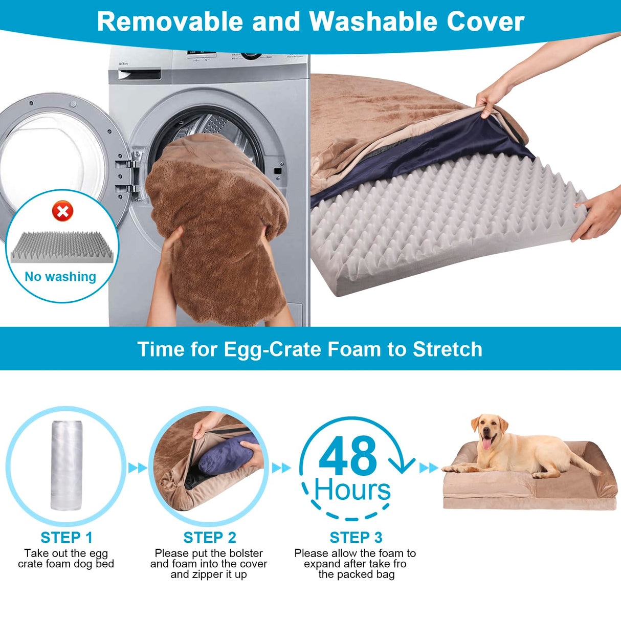 Orthopedic Bolster Dog Bed, Waterproof Lining Dog Bed with Egg-Crate Foam Sofa, Non-Slip Bottom Dog Couch with Washable Removable Cover for Medium Large Extra Cat Dog (35x25x7.1 inches, Brown)