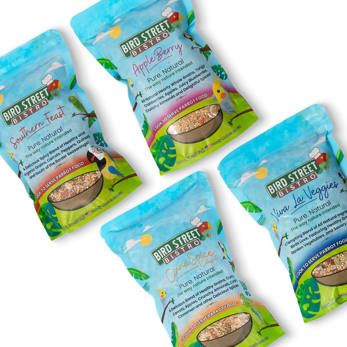Bird Street Bistro Parrot Food - Parakeet & Cockatiel Food - Cooks in 3-15 min with Natural Wholesome Grains, Legumes, Non-GMO Fruits, Vegetables & Health Spices