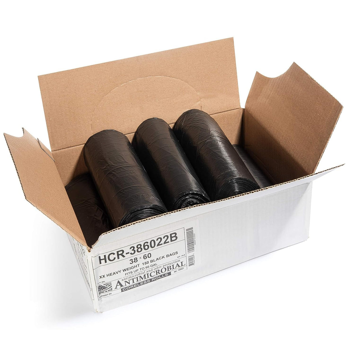 Aluf Plastics High Density Trash Bags, 60 Gallon, 150 Count, 22 Micron (eq), 38" x 60", Black, for Bathroom, Office, Industrial, Commercial, Janitorial, Municipal, Recycling