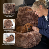 Pelsbarn Luxurious Cozy Car Bed - Small Luxury Travel Dog Bed with Safety Belt - Ultra Soft Faux Fur - Brown