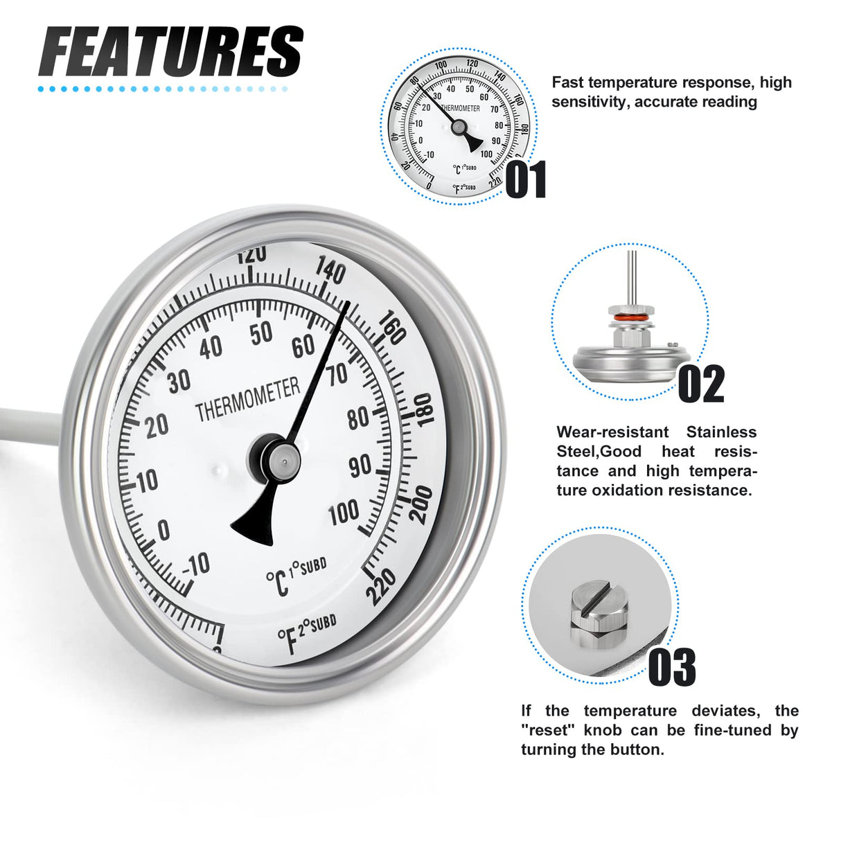MEANLIN MEASURE 1/2" NPT Bimetal Thermometer for hot Water, boilers, and Pipes，3.3" Dial, 4.4" Stainless steel Stem，Temperature Range 0-220°F/-10-100 ° C, Accuracy 2%,Center Back Mount
