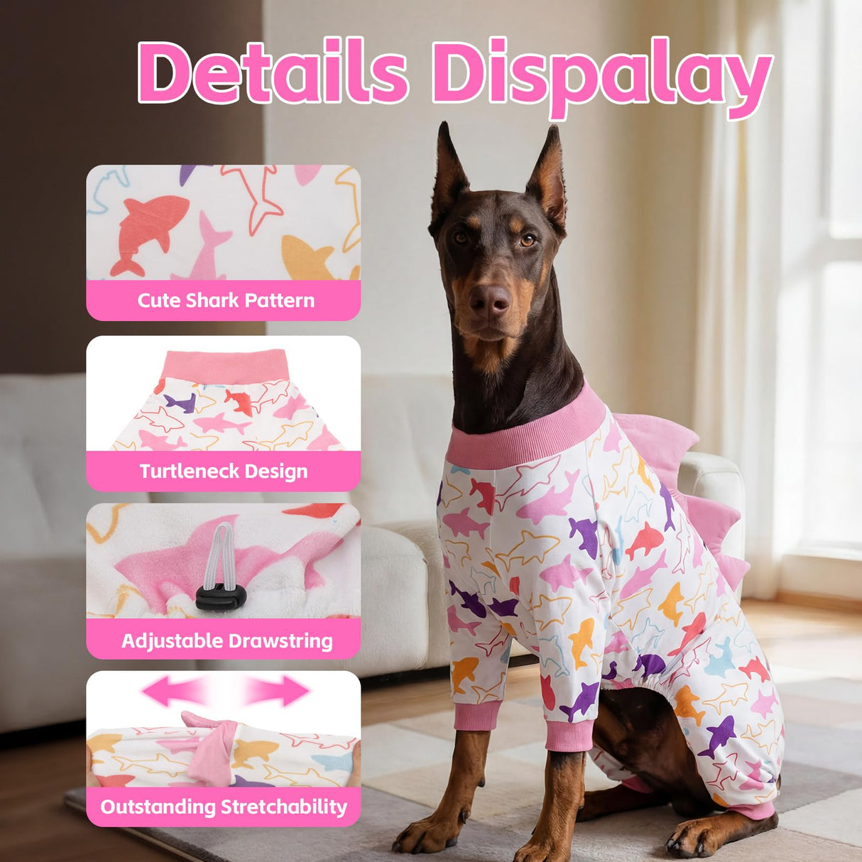 UNIPUP Shark Costume Dog Pajamas Large Size, Big Dog Onesie Clothes, Anti Shedding and Licking, Post Surgery Recovery Pet Pjs, Ultra-Soft and 4-Way Stretch Pet Pajamas U-COSPSY05L
