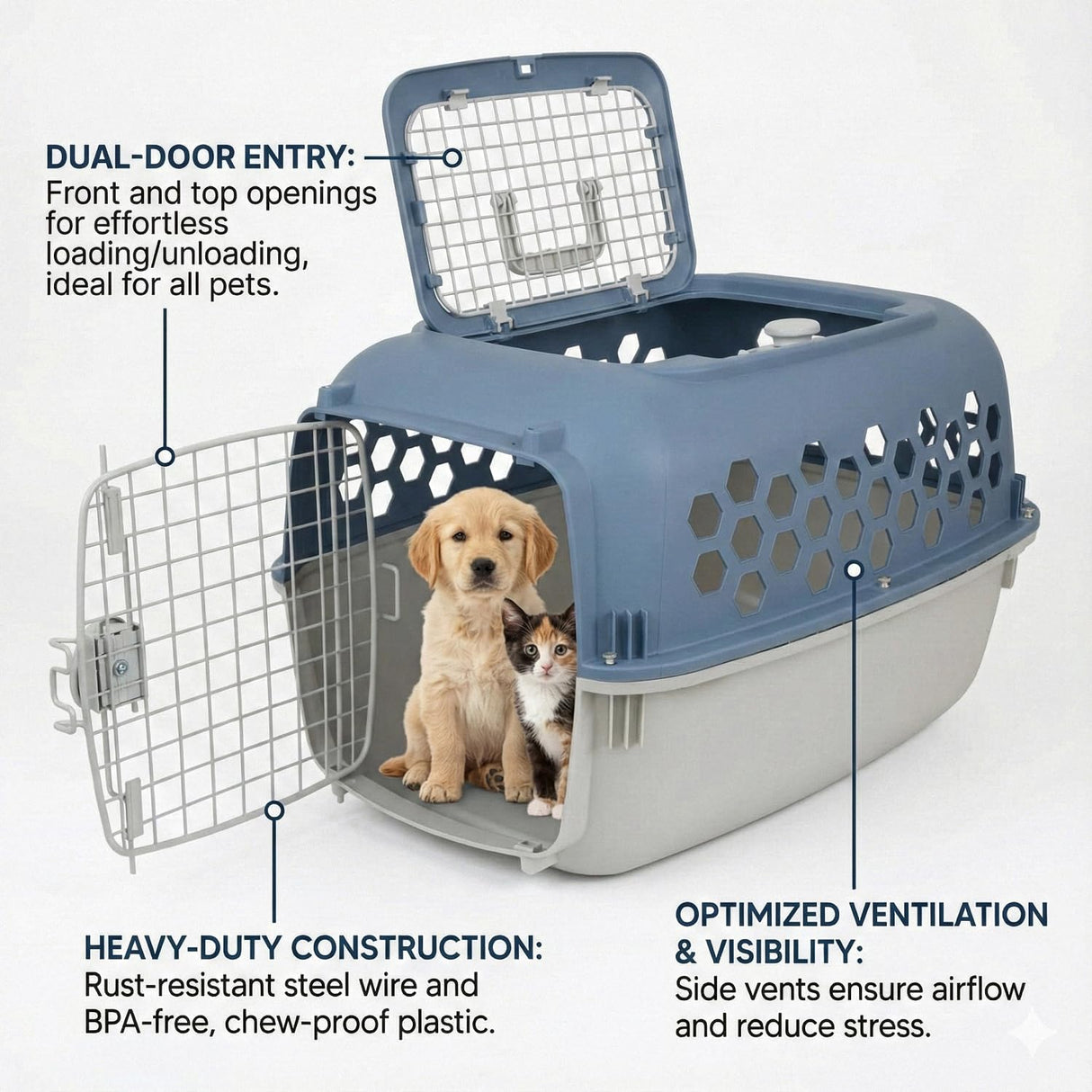 Portable Double Door Plastic Pet Carrier for Dogs & Cats - 24" Durable Ventilated Kennel with Top Loading, Airline Approved, Foldable Design for Travel & Vet Visits