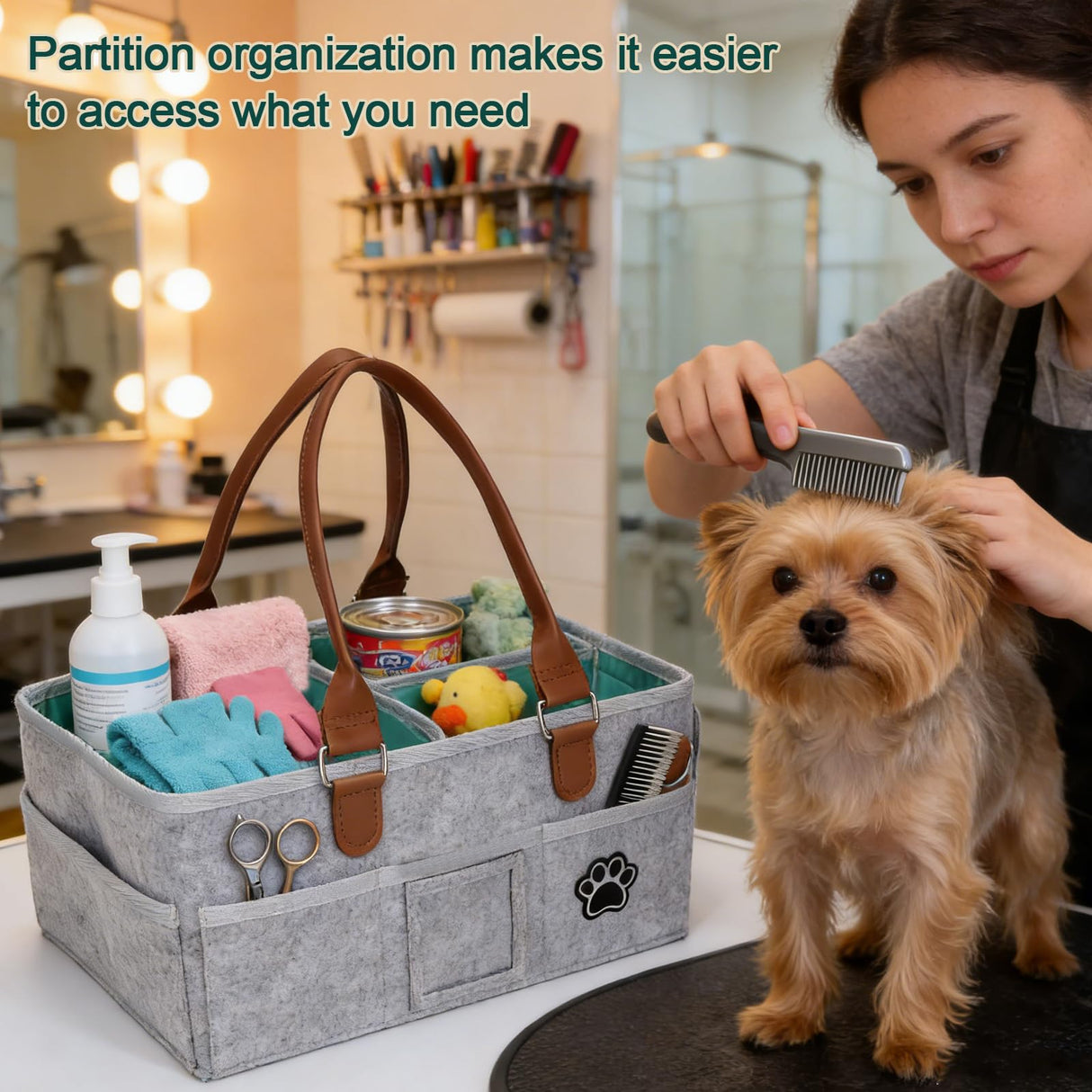 Brabtod Felt Dog Grooming Bag, Pet Portable Tote Bag with Handle, Dogs Storage Organizer, 3 Compartments Caddy with 8 Pockets, Ideal for Dog Cat Grooming Tool Kit/Diaper/Blanket/Pads-Gray
