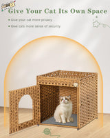 SETVSON Cat Litter Box Enclosure Furniture, Hidden Litter Box with Mat and Fence, Handwoven Rattan Cat House with Two S-Shaped Hooks for Living Room, Bedroom, 18.5 x 20.5 x 19.1 Inches (Natural)