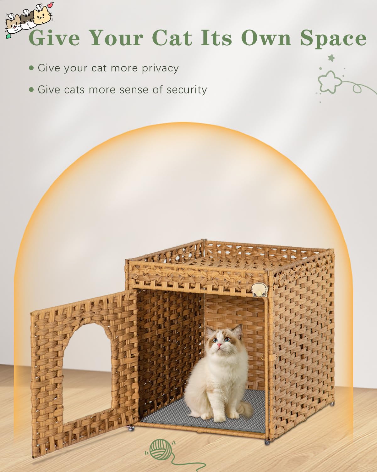 SETVSON Cat Litter Box Enclosure Furniture, Hidden Litter Box with Mat and Fence, Handwoven Rattan Cat House with Two S-Shaped Hooks for Living Room, Bedroom, 18.5 x 20.5 x 19.1 Inches (Natural)