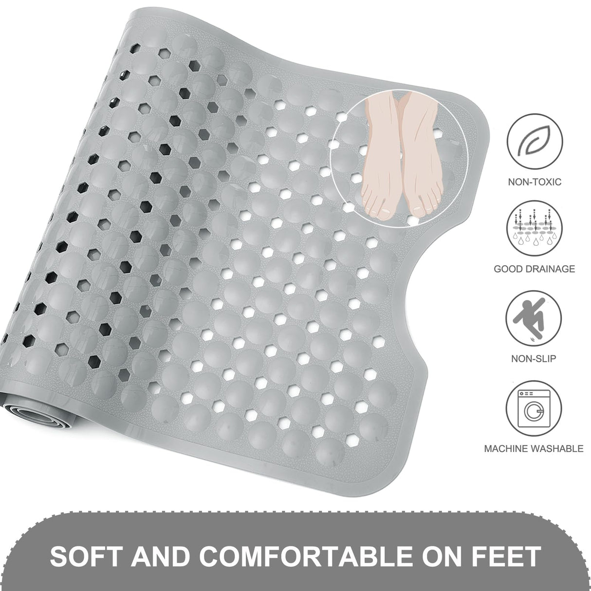 Bath Tub and Shower Mats, Non Slip 40 x 16 Inch Extra Large Bathtub Mat, Machine Washable Bathmat with Drain Holes, Suction Cups for Bathroom Floor, Gray