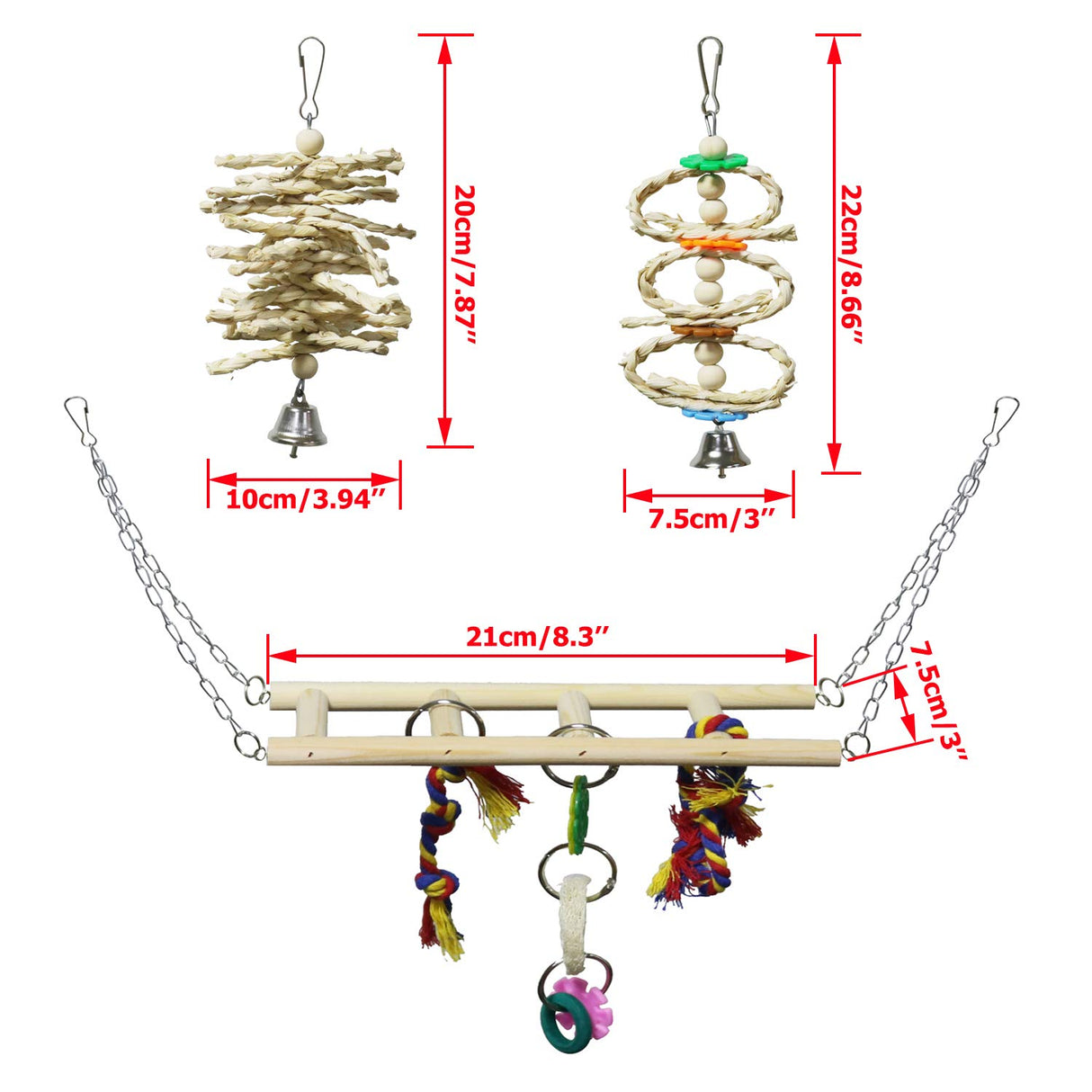 BWOGUE 7 Pack Bird Parrot Toys - Natural Wood Chewing, Climbing, Hanging & Hammock Toys for Small Parakeets, Cockatiels, Conures, Finches, Budgie, Parrots, Love Birds