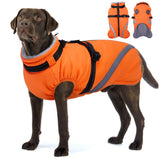 BRKURLEG Dog Winter Jackets for Large Dogs, Dog Coat with Harness Built in, Dogs Snowsuits with Zipper, Waterproof Windproof Pet Puffer Jacket Fleece Vest for Labrador, Dalmatian, Orange XXL