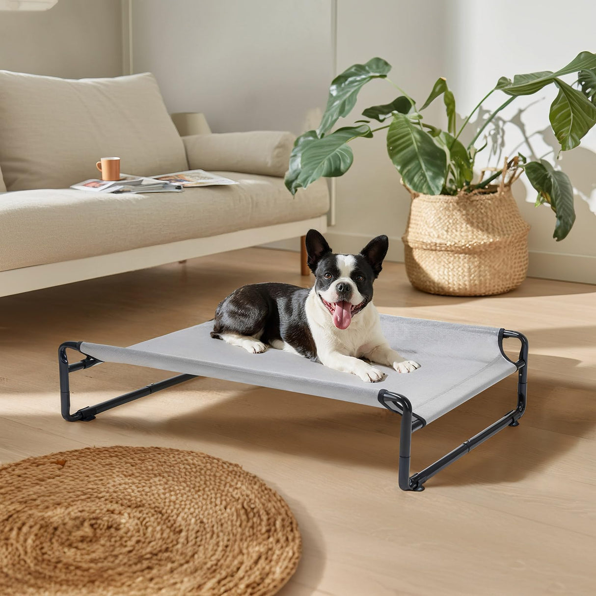 Veehoo 35" Medium Raised Dog Bed, Washable Dog Cot with Headrest Sides, Outdoor Elevated Dog Bed with Non-Skid Feet, Breathable Mesh, Portable Pet Hammock for Indoor or Camping, Grey