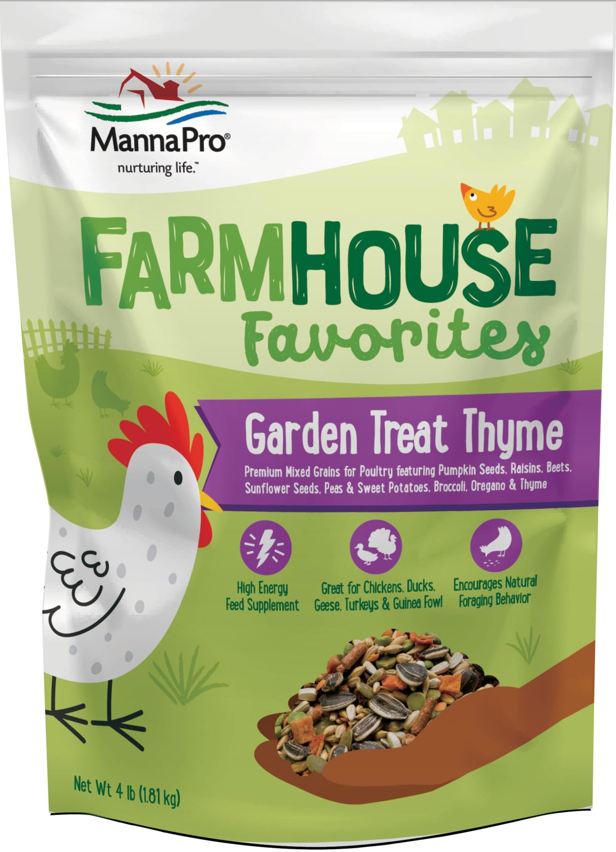 Manna Pro Farmhouse Favorites – Garden Treat Thyme – Premium Grains for Poultry – Made with Oregano & Thyme – Real Veggie Poultry Feed Supplement – 4lb Bag