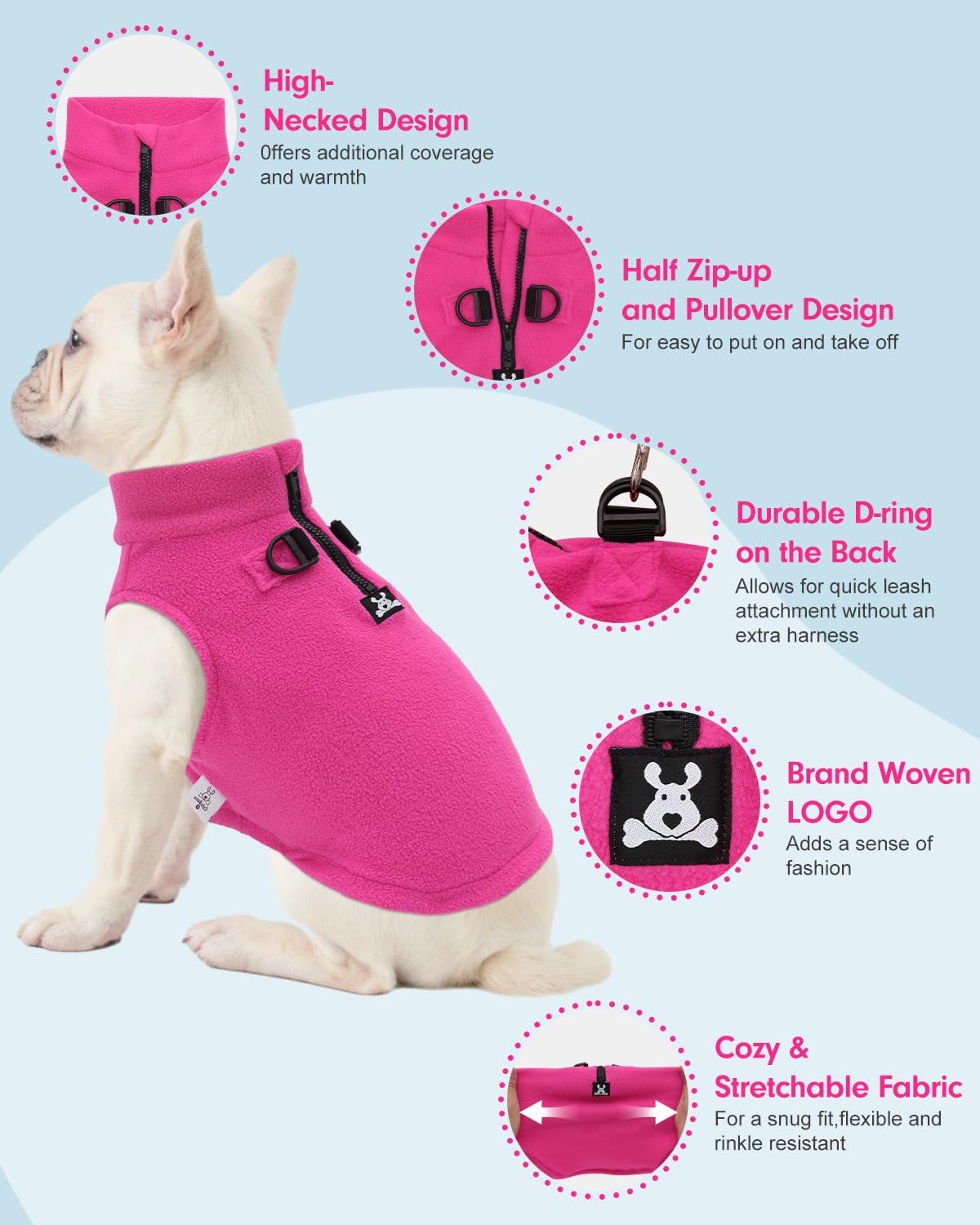 CuteBone Fleece Dog Vests Pink with Turtleneck, Half Zip-Up & Pullover Winter Sweaters Shirts for Small & Medium Dogs - Warm Thermal Jackets with D-Ring, Ideal for Cold Weather DZBX01XL
