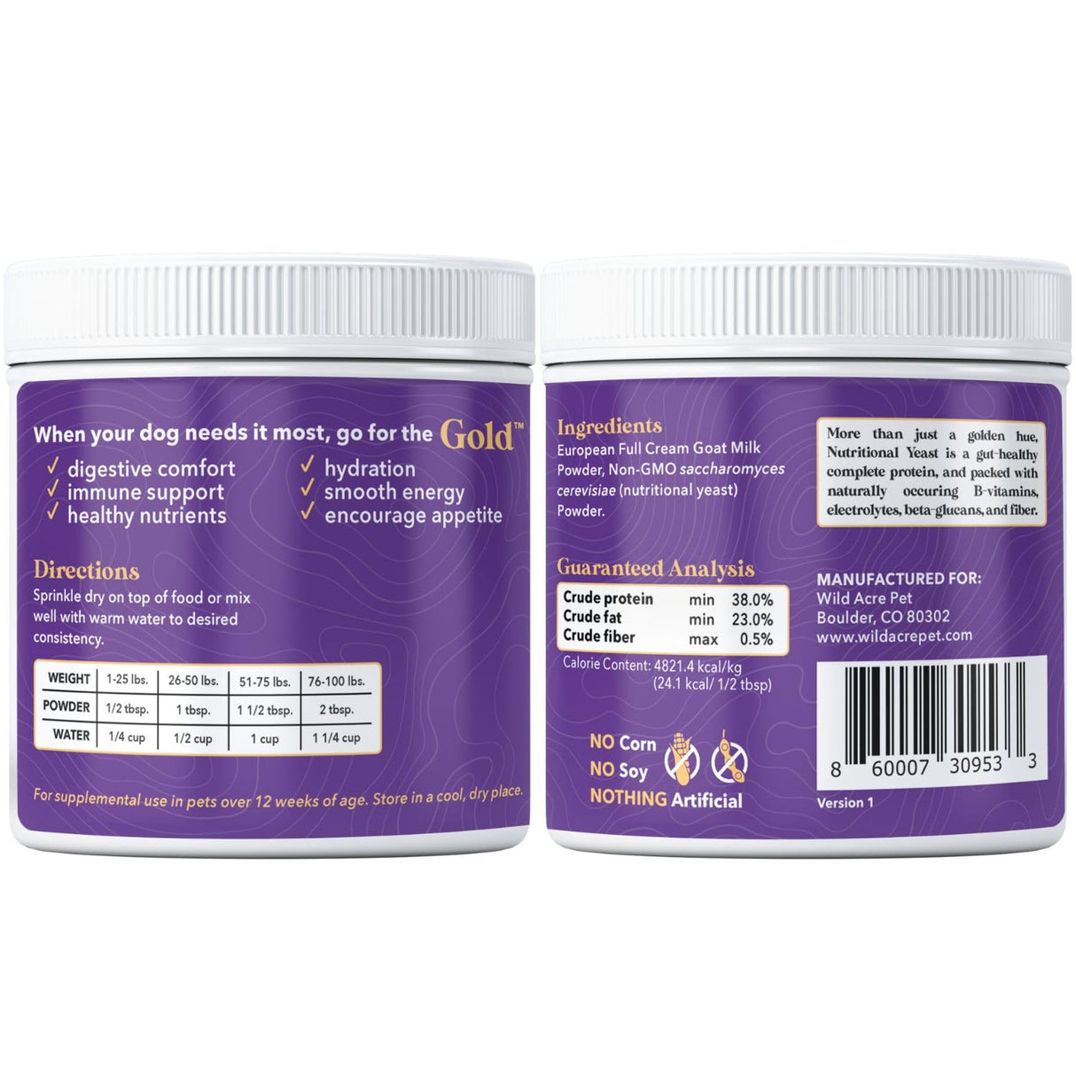 Wild Acre Goat Milk Powder for Dogs - Complete Protein Goat Milk with Nutritional Yeast for Sensitive Stomachs - Gentle Probiotic & Prebiotic Protein for Dogs, Puppies and Cats - 7oz