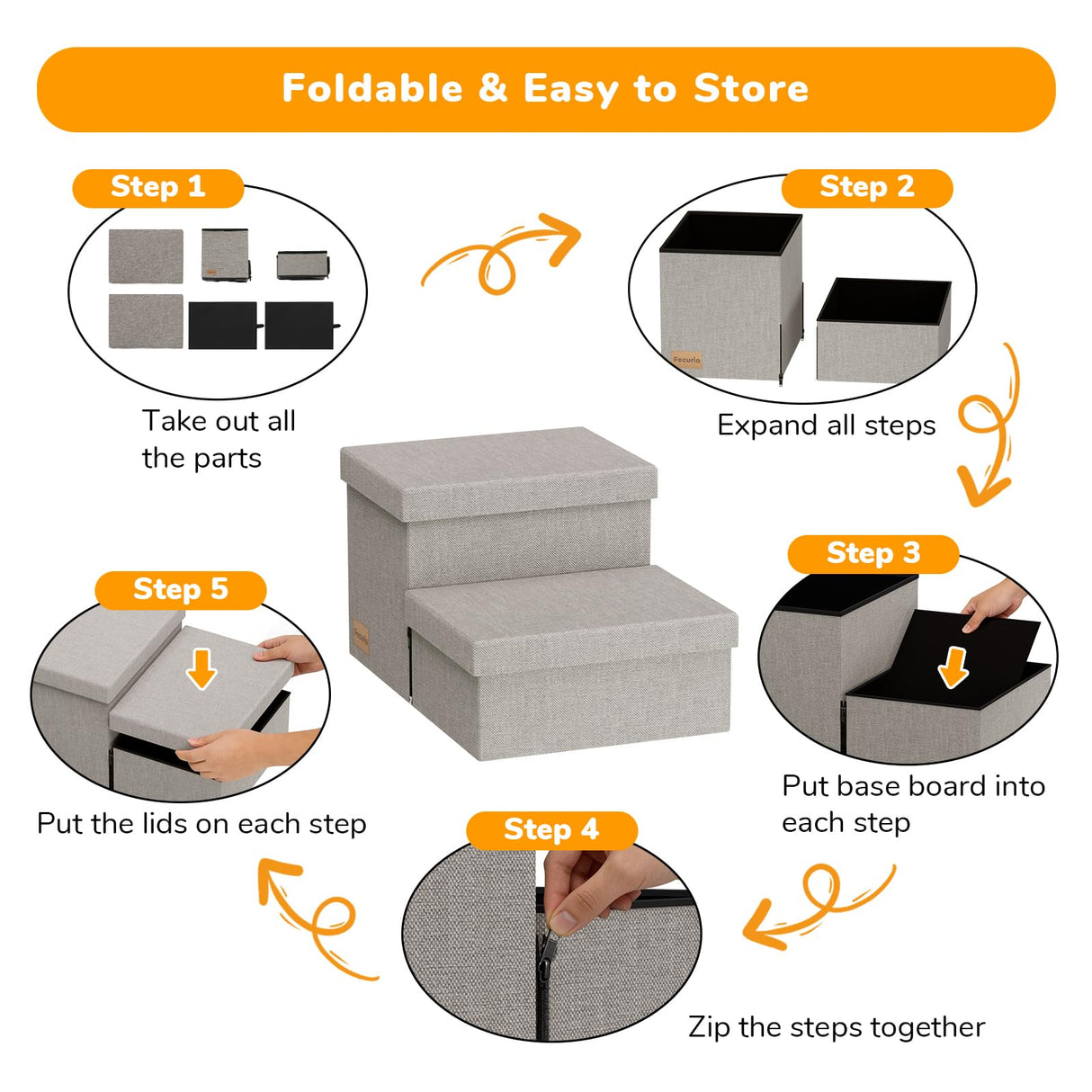 Fecuria 2-Step Wide Dog Stairs with Storage 11" H, Non-Slip Sturdy Pet Steps for Couch Chair, Dog Steps for Small/Medium Old Dogs, Cats, Rabbits Up to 150lbs, Foldable Cat Puppy Stairs for Car, Grey