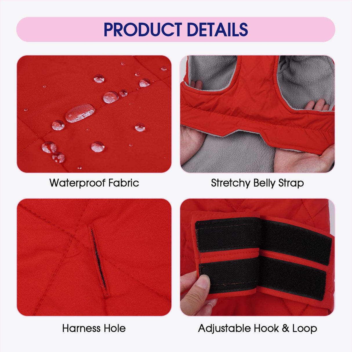 FUAMEY Dog Jackets for Large Breed, Adjustable Dogs Coats Fleece Lined for Chilly Morning, Thermal Winter Pups Outfits with Harness Hole, Sleeveless Puppy Vest Waterproof (Red, 2XL)